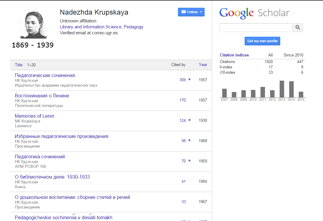 Nadezhda Krupskaya's Google Scholar Citations Profile